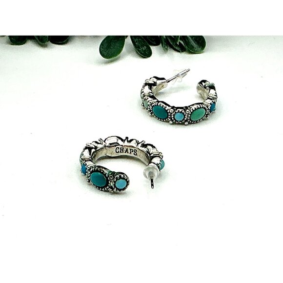 Silver-Tone Hoop with Turquoise beaded Earrings by Chaps - Picture 4 of 5